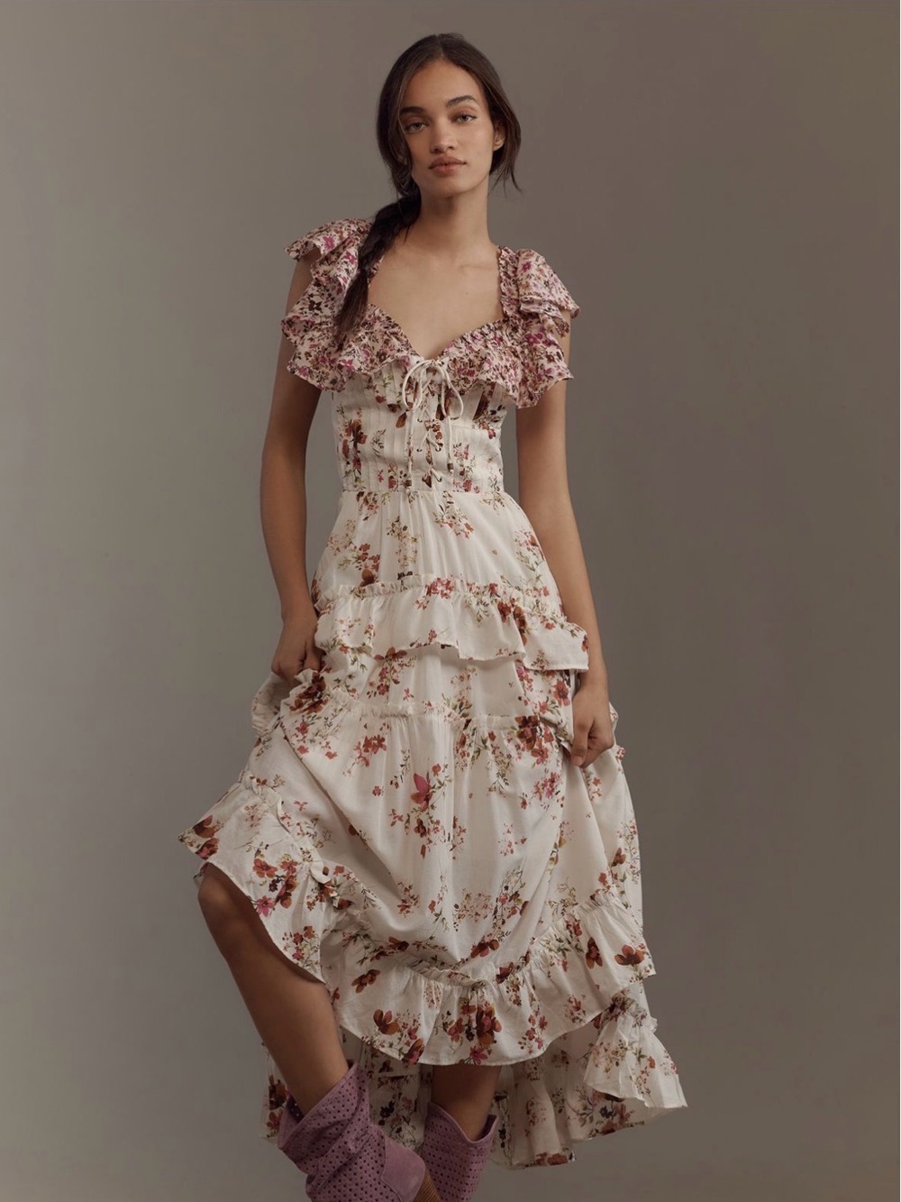 Maeve Ruffle Sleeve V neck lace up Midi Dress size Medium